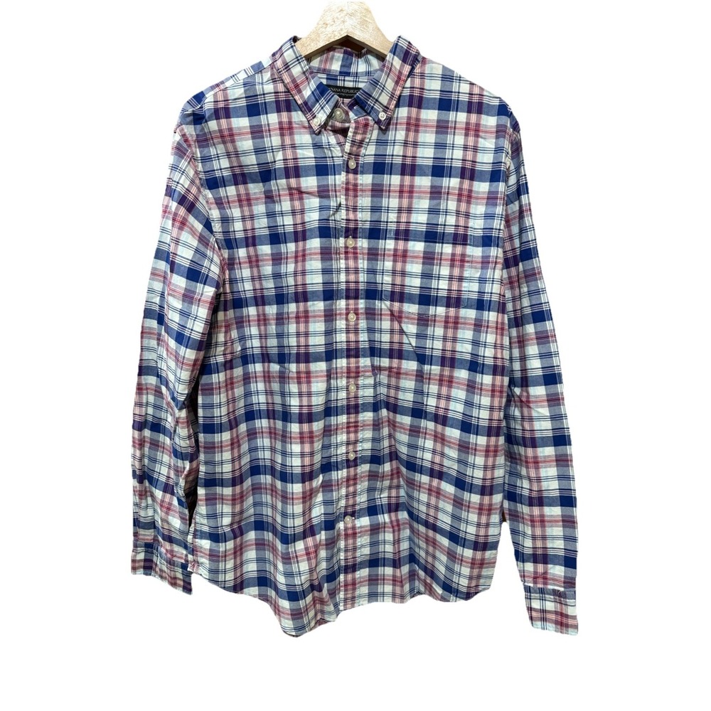 Banana Republic Mens Multi Color Plaid Cotton Stretch Oxford‎ Camden Fit Large